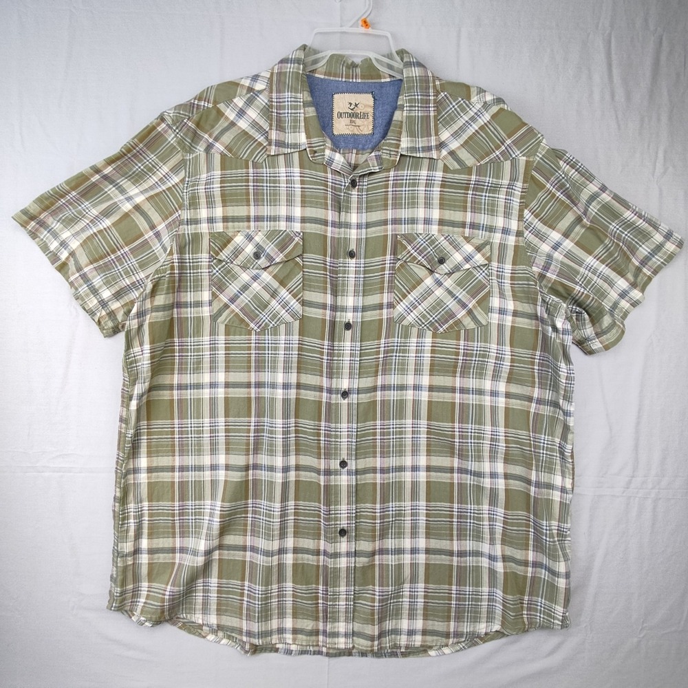 Outdoor Life Button Down Mens XXL Green Plaid Western Short Sleeve Cotton Shirt